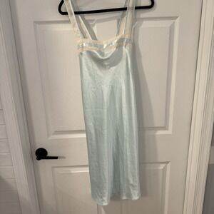 Vintage Lace Brand Satin Nightgown Aqua Blue Long Slip Dress Size 34 Made in USA